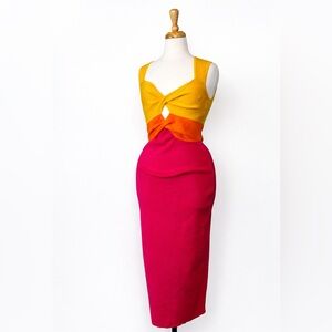 Express Colorblocked Twist-Front Sheath Dress in Yellow, Orange & Pink